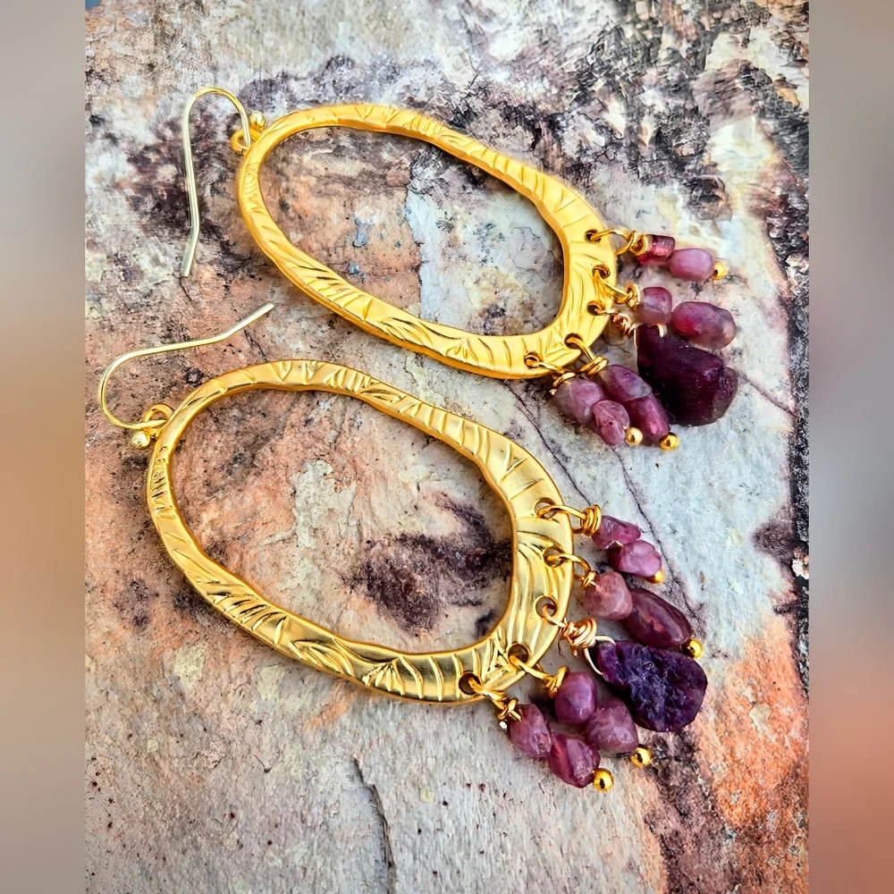 Etruscan-inspired Natural Raw Tourmaline In Hammered Gold Plated Large Earrings